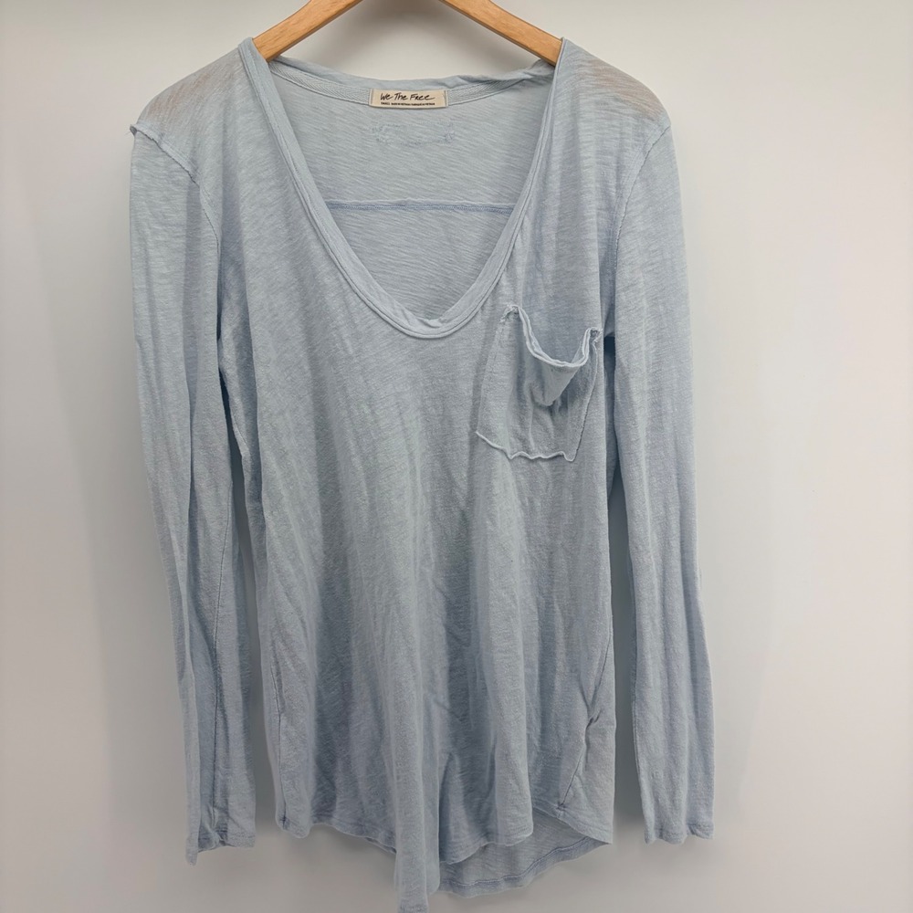 We The Free People V-Neck Long Sleeve Pocket Tee Women Small Blue Slub Knit Top